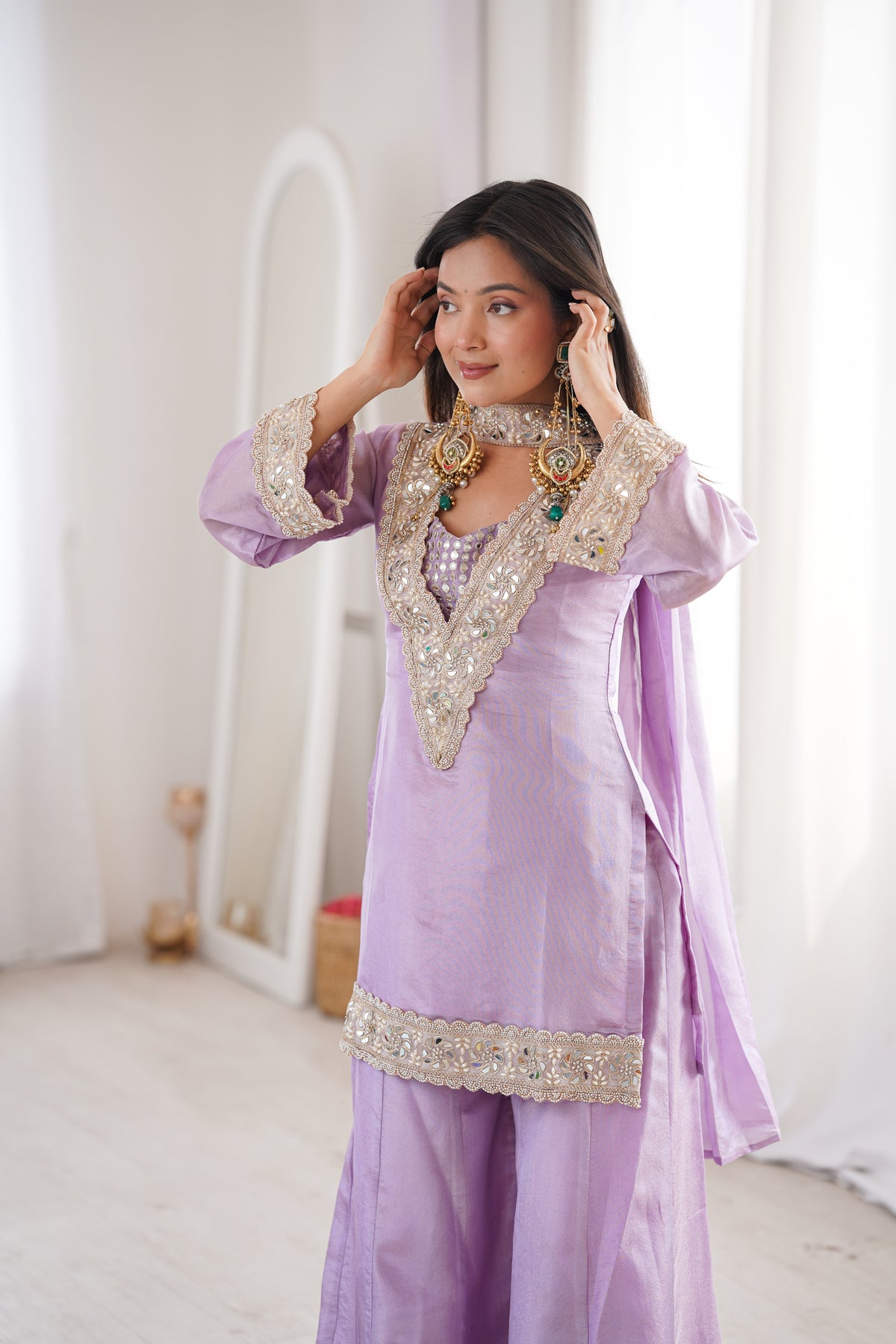 Orchid Lavender Afsara Mirror Work Tissue Sharara Suit Set