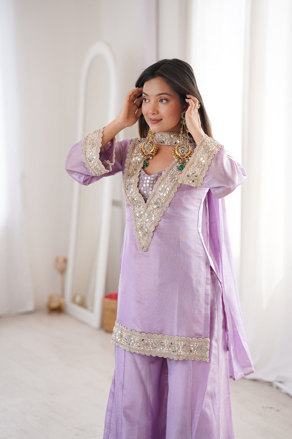 Orchid Lavender Afsara Mirror Work Tissue Sharara Suit Set