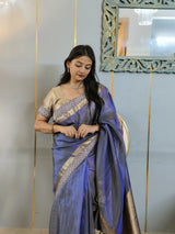 Celebrity-Inspired Royal Blue Stripe Tissue Silk Saree with Stone Zardozi Work