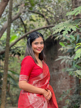 Crimson Red Banarasi Soft Silk Saree with Swarovski Work
