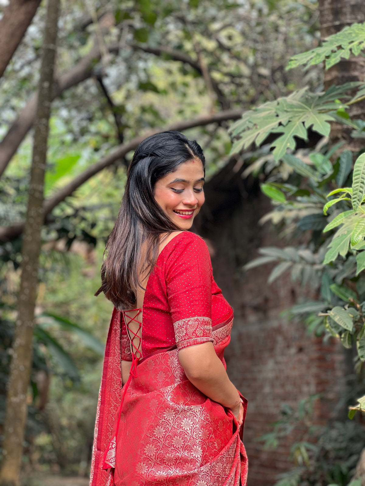Crimson Red Banarasi Soft Silk Saree with Swarovski Work