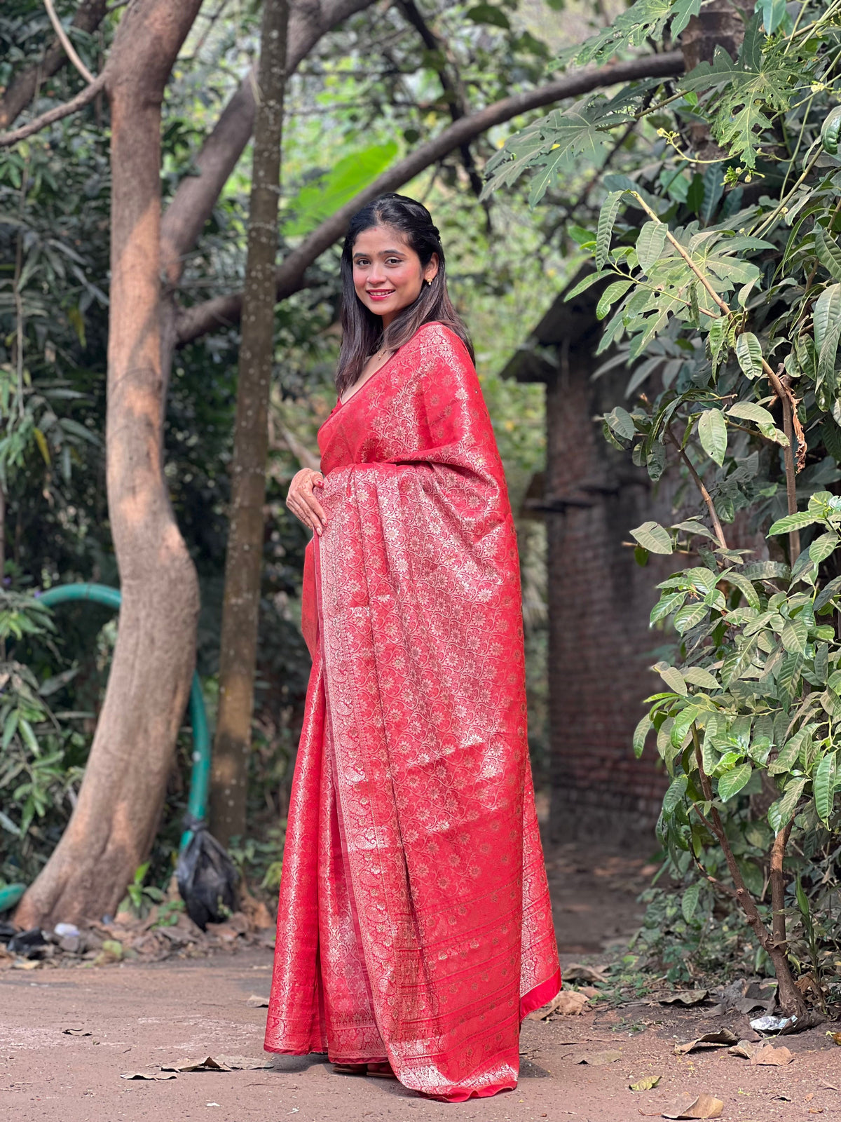 Crimson Red Banarasi Soft Silk Saree with Swarovski Work