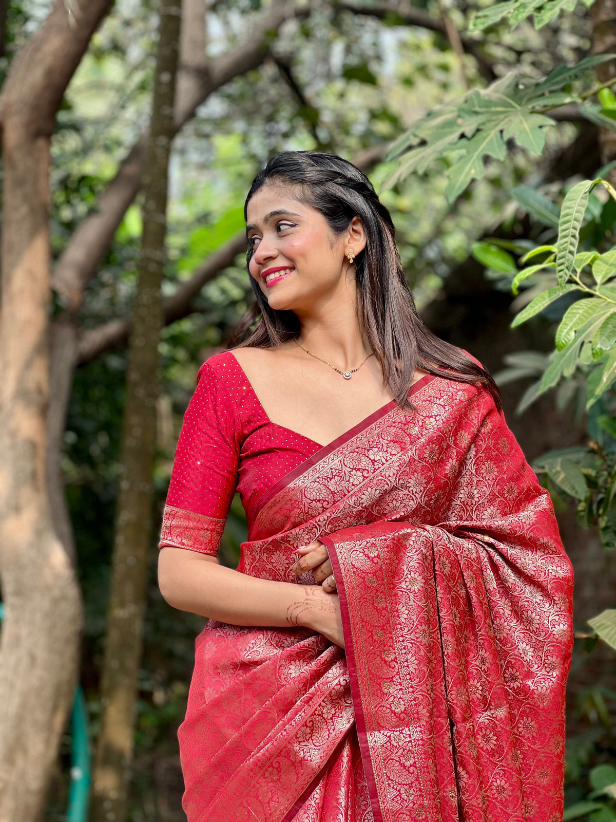 Crimson Red Banarasi Soft Silk Saree with Swarovski Work