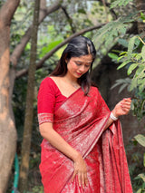 Crimson Red Banarasi Soft Silk Saree with Swarovski Work