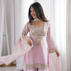 Subtle Pink Afsara Mirror Work Tissue Sharara Suit Set