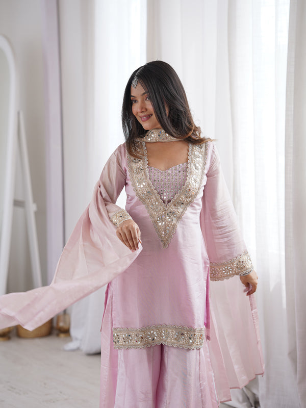 Subtle Pink Afsara Mirror Work Tissue Sharara Suit Set