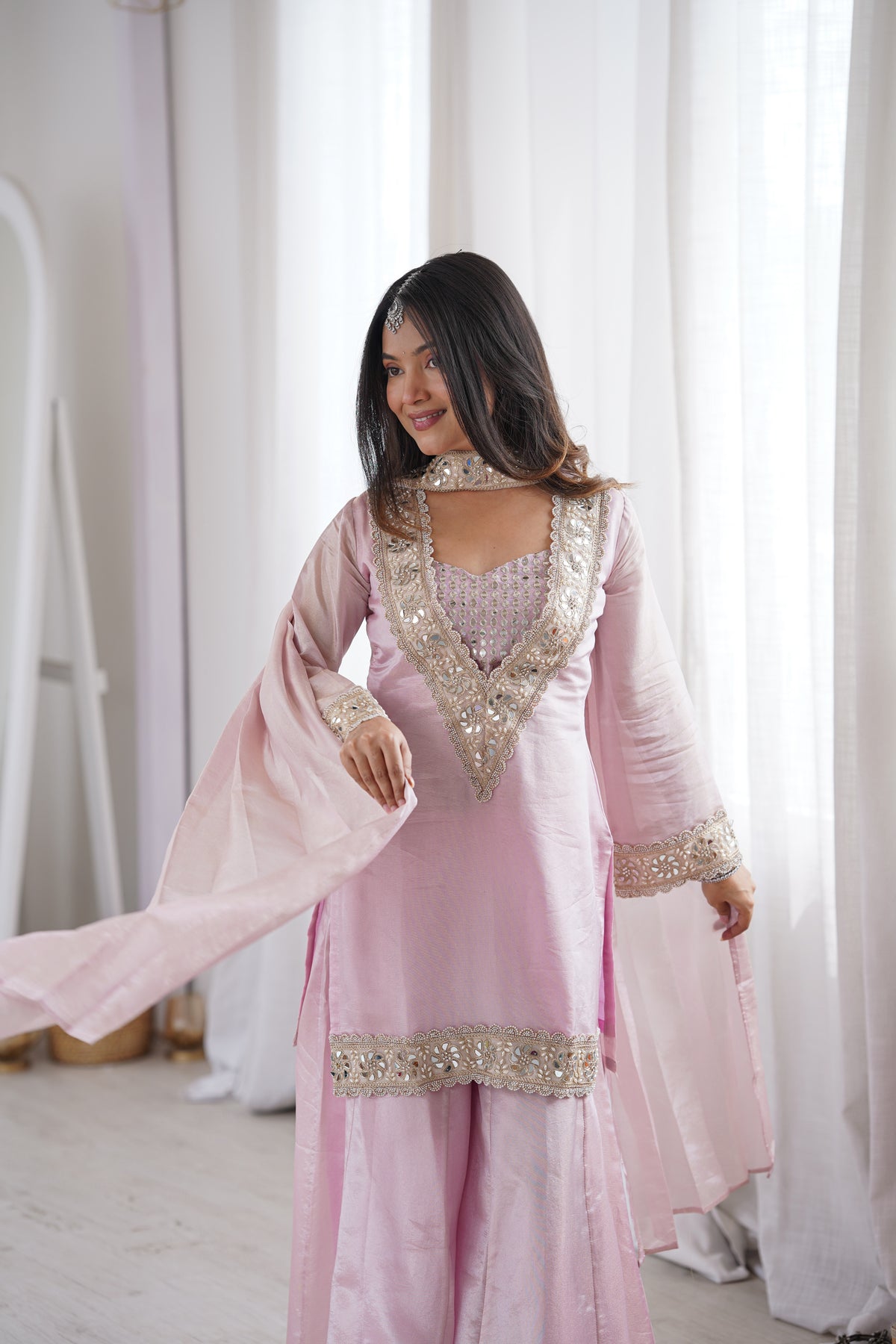 Subtle Pink Afsara Mirror Work Tissue Sharara Suit Set