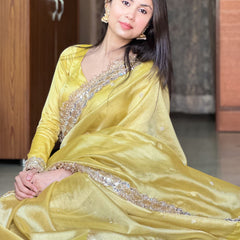 Gul-e-Zar Soft Gold Pearl Motif Handwork Saree with Mirror work Borders