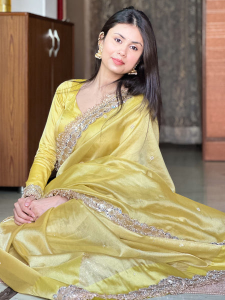 Gul-e-Zar Soft Gold Pearl Motif Handwork Saree with Mirror work Borders