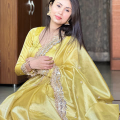 Gul-e-Zar Soft Gold Pearl Motif Handwork Saree with Mirror work Borders