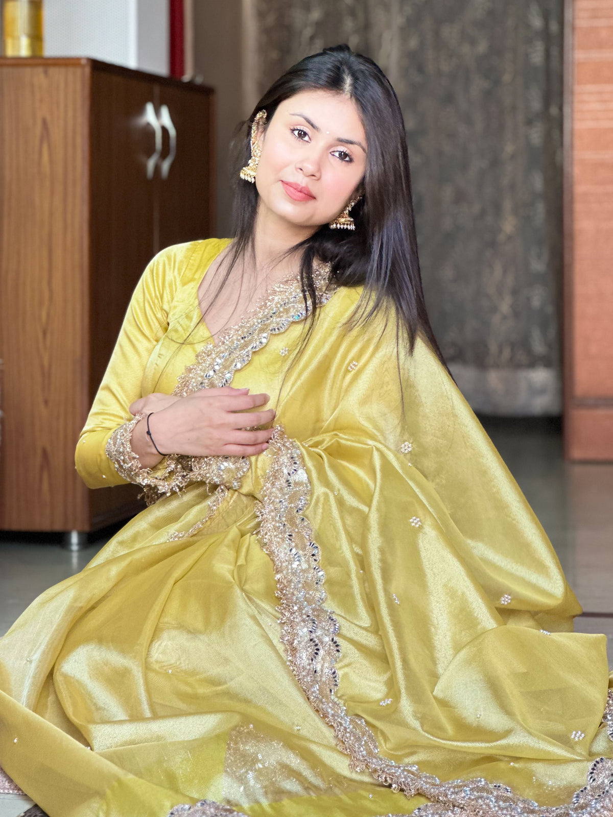 Gul-e-Zar Soft Gold Pearl Motif Handwork Saree with Mirror work Borders