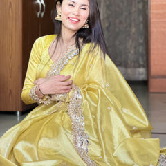 Gul-e-Zar Soft Gold Pearl Motif Handwork Saree with Mirror work Borders