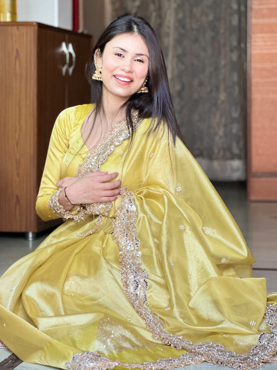Gul-e-Zar Soft Gold Pearl Motif Handwork Saree with Mirror work Borders