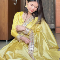 Gul-e-Zar Soft Gold Pearl Motif Handwork Saree with Mirror work Borders