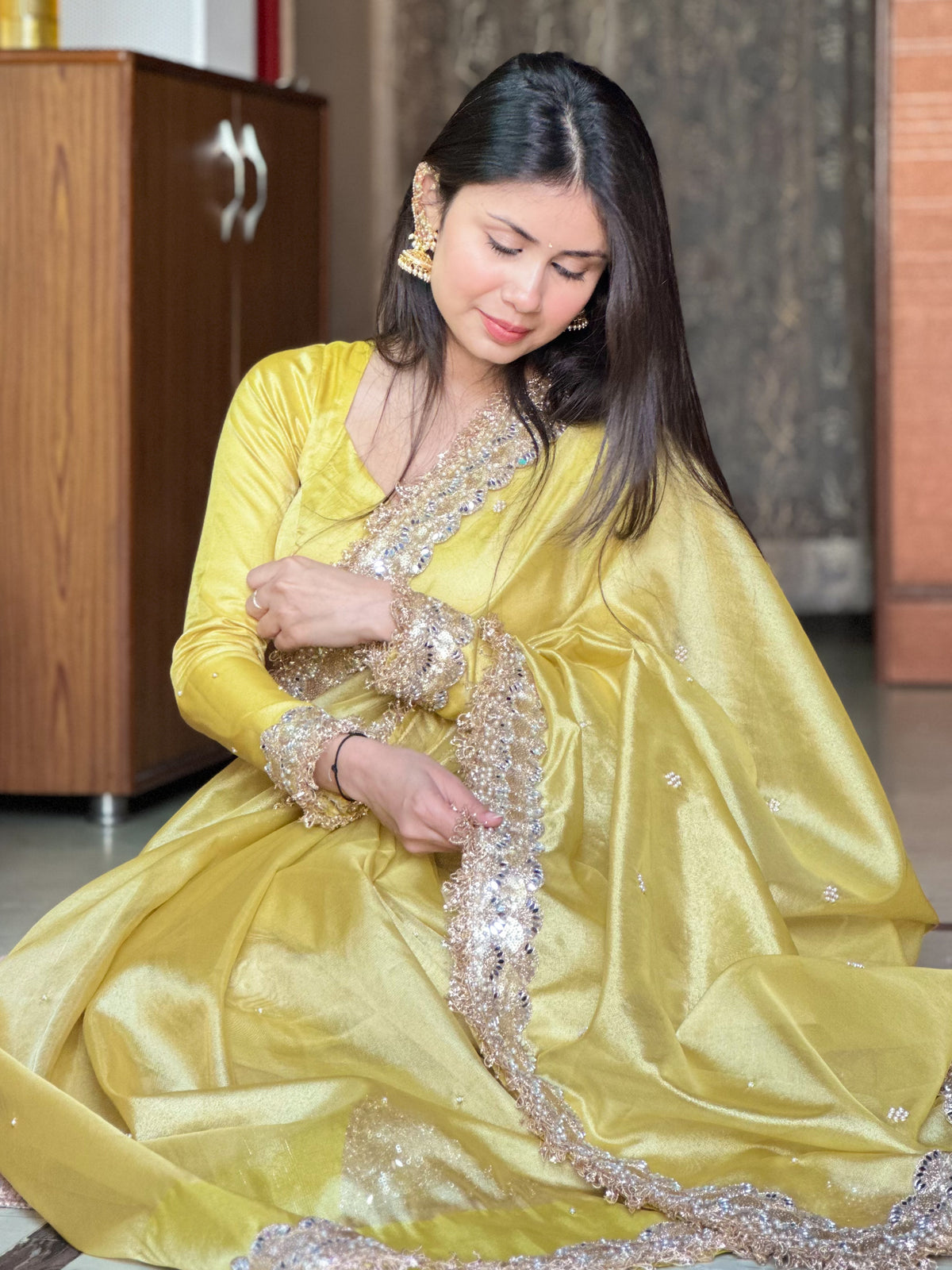 Gul-e-Zar Soft Gold Pearl Motif Handwork Saree with Mirror work Borders