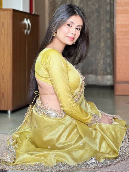 Gul-e-Zar Soft Gold Pearl Motif Handwork Saree with Mirror work Borders