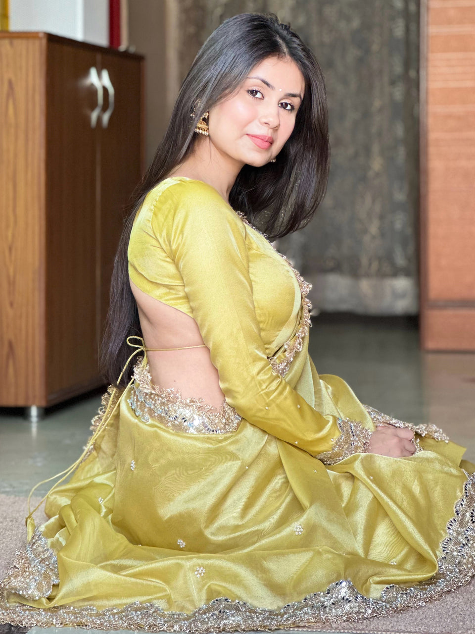 Gul-e-Zar Soft Gold Pearl Motif Handwork Saree with Mirror work Borders