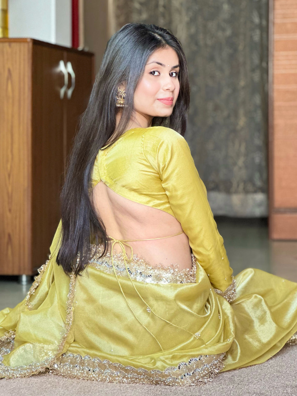 Gul-e-Zar Soft Gold Pearl Motif Handwork Saree with Mirror work Borders