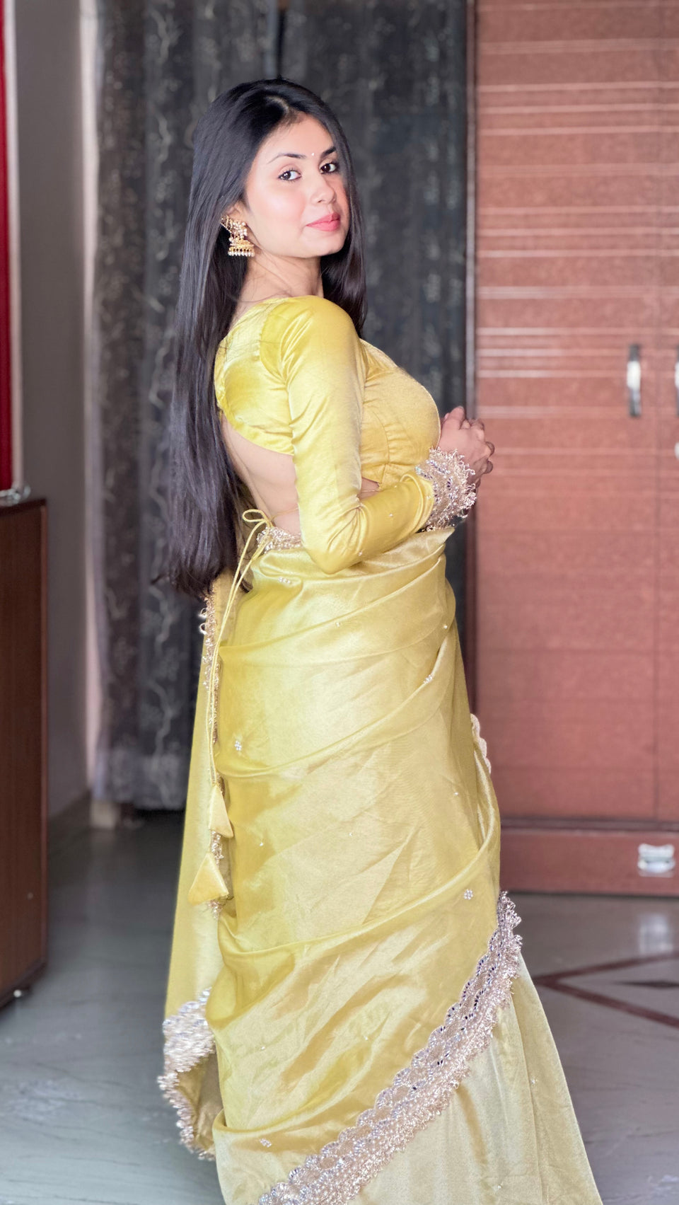 Gul-e-Zar Soft Gold Pearl Motif Handwork Saree with Mirror work Borders