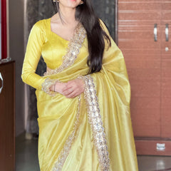 Gul-e-Zar Soft Gold Pearl Motif Handwork Saree with Mirror work Borders