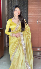 Gul-e-Zar Soft Gold Pearl Motif Handwork Saree with Mirror work Borders