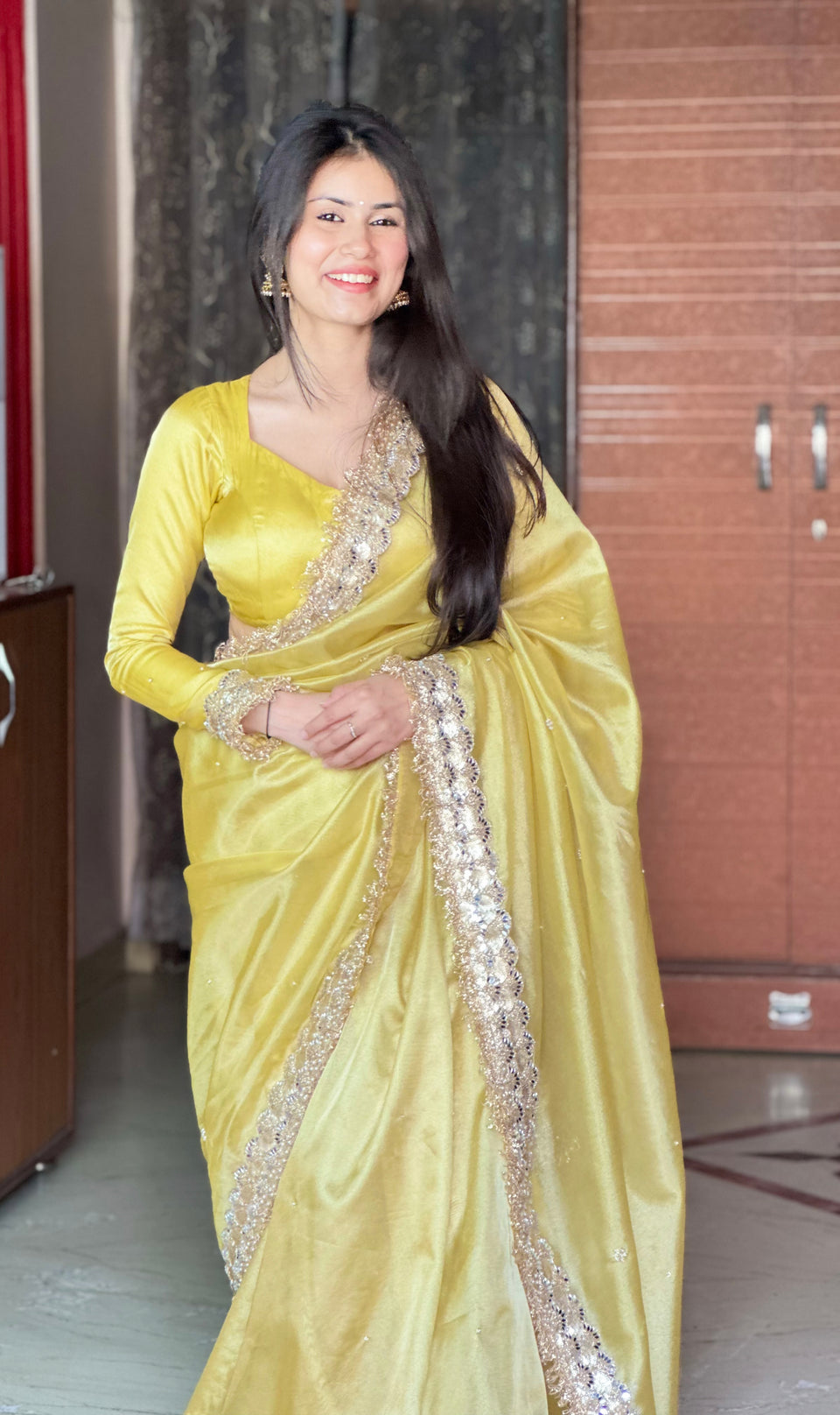 Gul-e-Zar Soft Gold Pearl Motif Handwork Saree with Mirror work Borders
