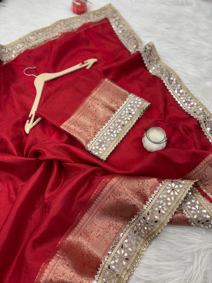 Bold Red Banarasi Rajkumari Mirror Work Tissue Silk Saree