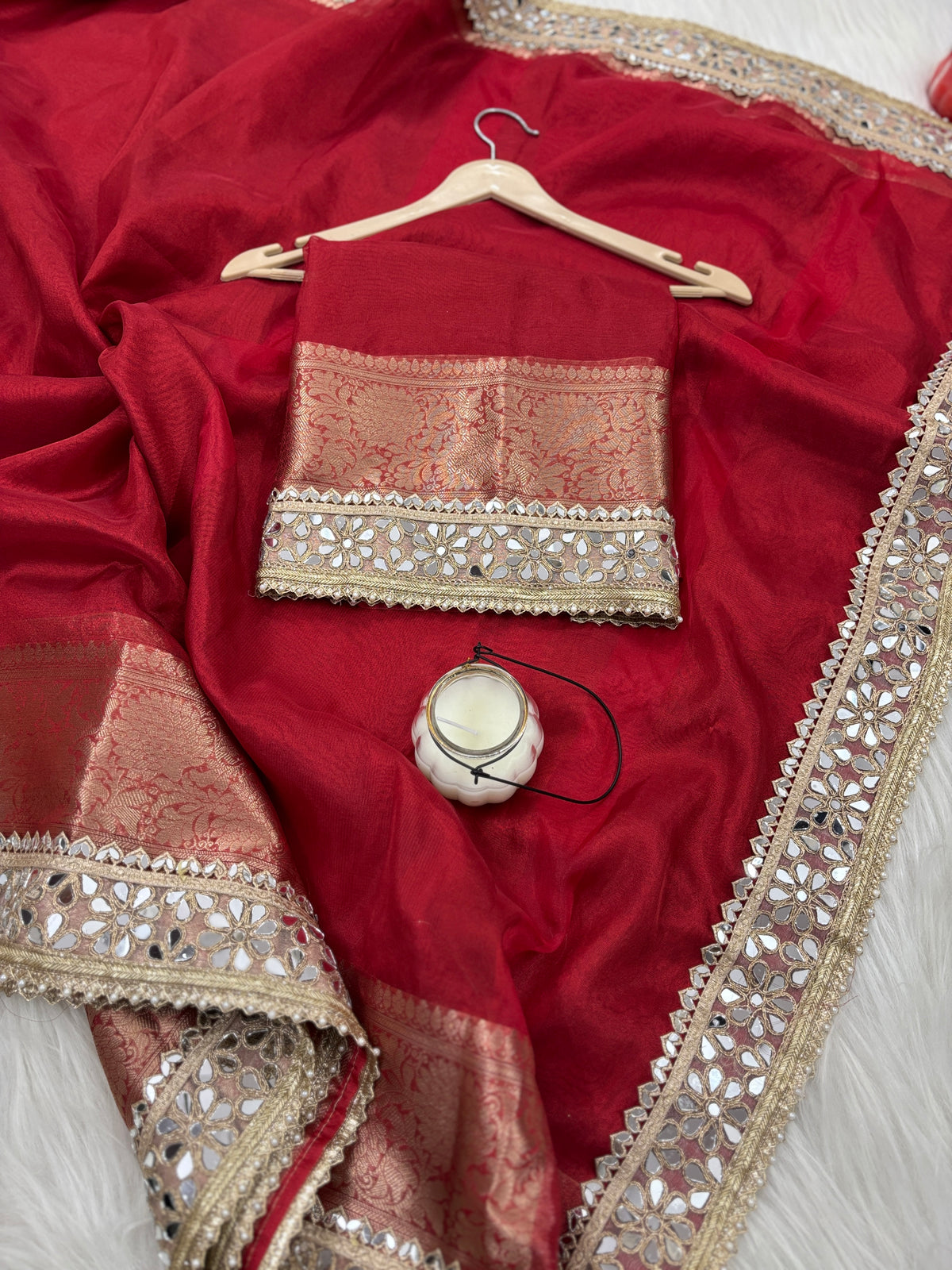Bold Red Banarasi Rajkumari Mirror Work Tissue Silk Saree