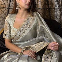 Moonlit Grey Banarasi Rajkumari Mirror Work Tissue Silk Saree