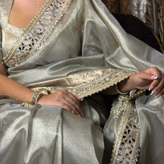 Moonlit Grey Banarasi Rajkumari Mirror Work Tissue Silk Saree