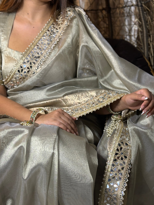 Moonlit Grey Banarasi Rajkumari Mirror Work Tissue Silk Saree