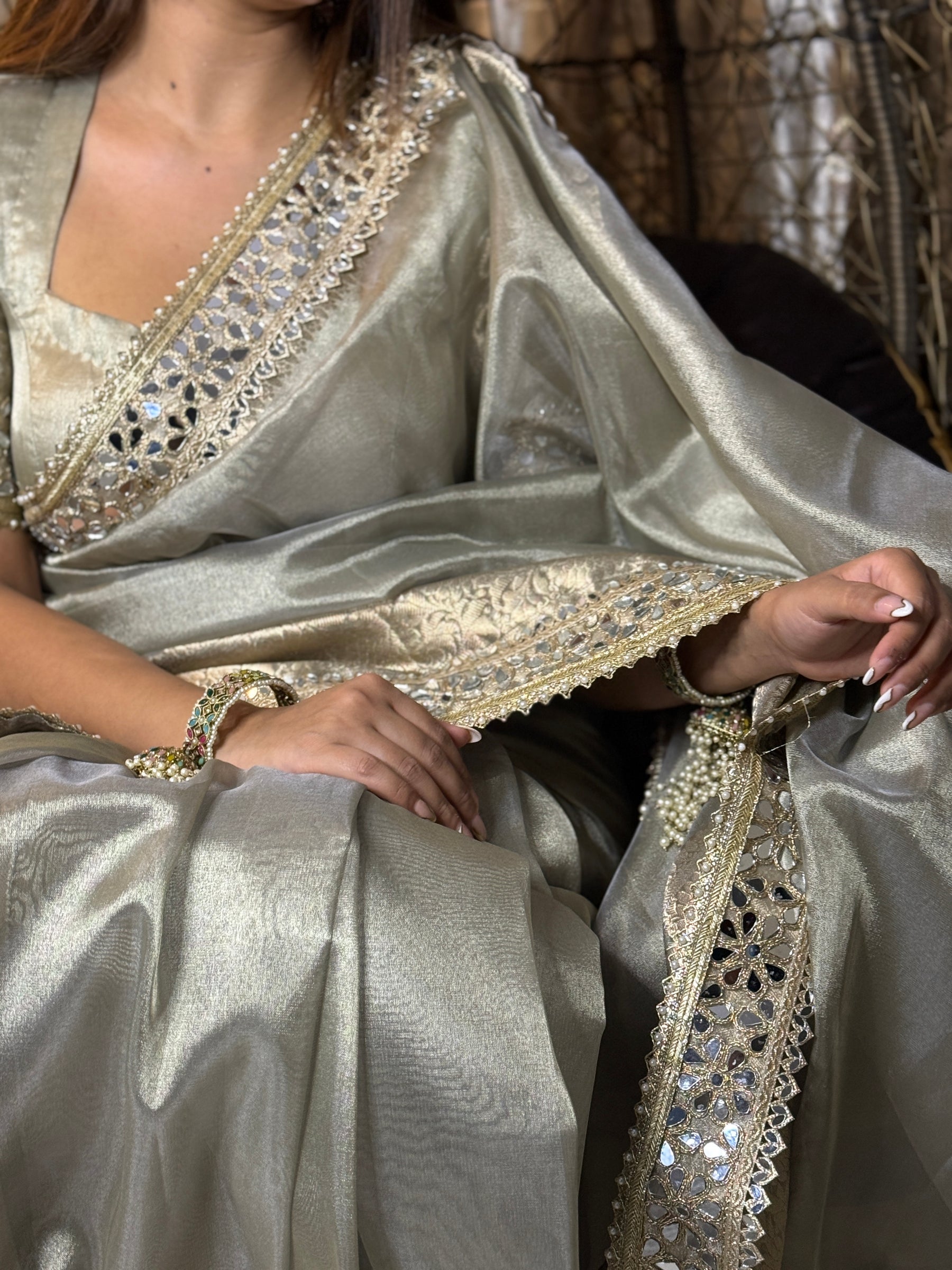 Moonlit Grey Banarasi Rajkumari Mirror Work Tissue Silk Saree