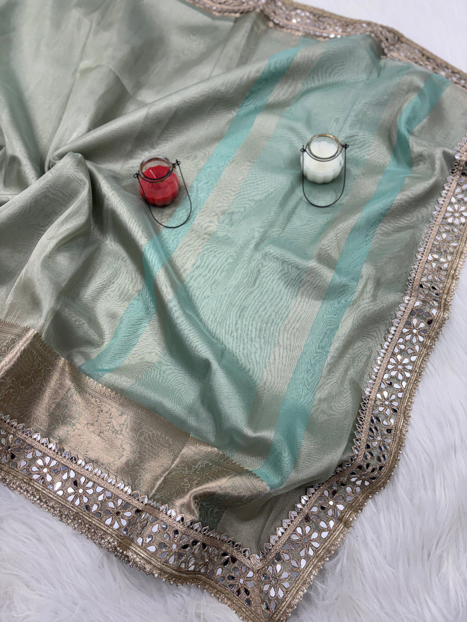 Sea Green Banarasi Rajkumari Mirror Work Tissue Silk Saree