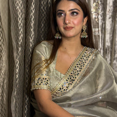 Moonlit Grey Banarasi Rajkumari Mirror Work Tissue Silk Saree
