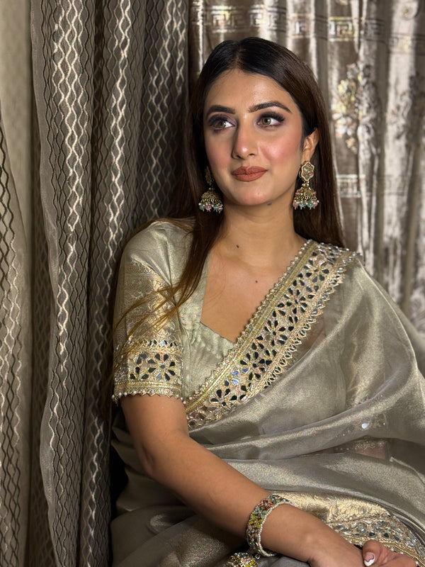 Moonlit Grey Banarasi Rajkumari Mirror Work Tissue Silk Saree
