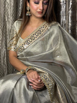 Moonlit Grey Banarasi Rajkumari Mirror Work Tissue Silk Saree