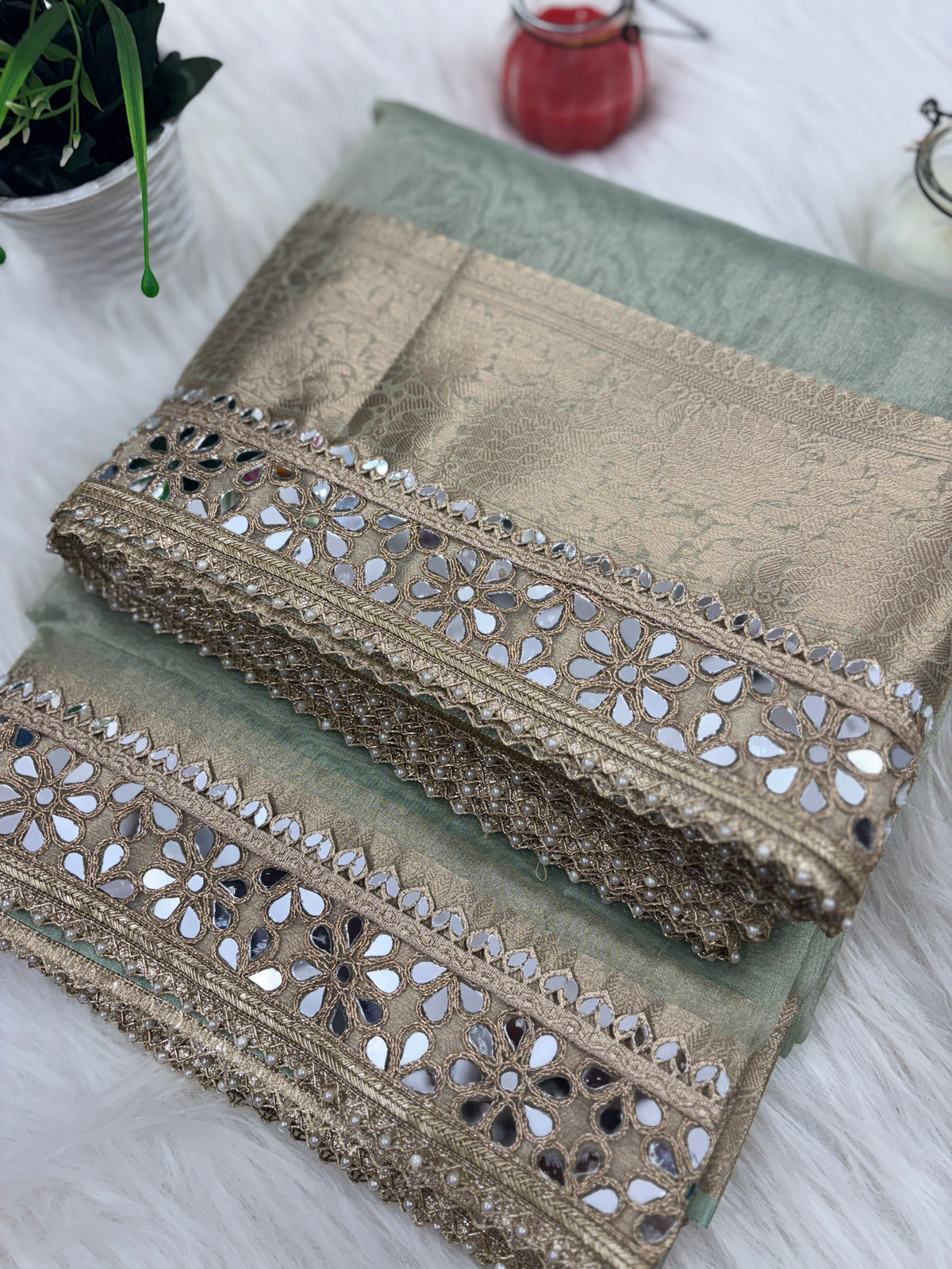Sea Green Banarasi Rajkumari Mirror Work Tissue Silk Saree
