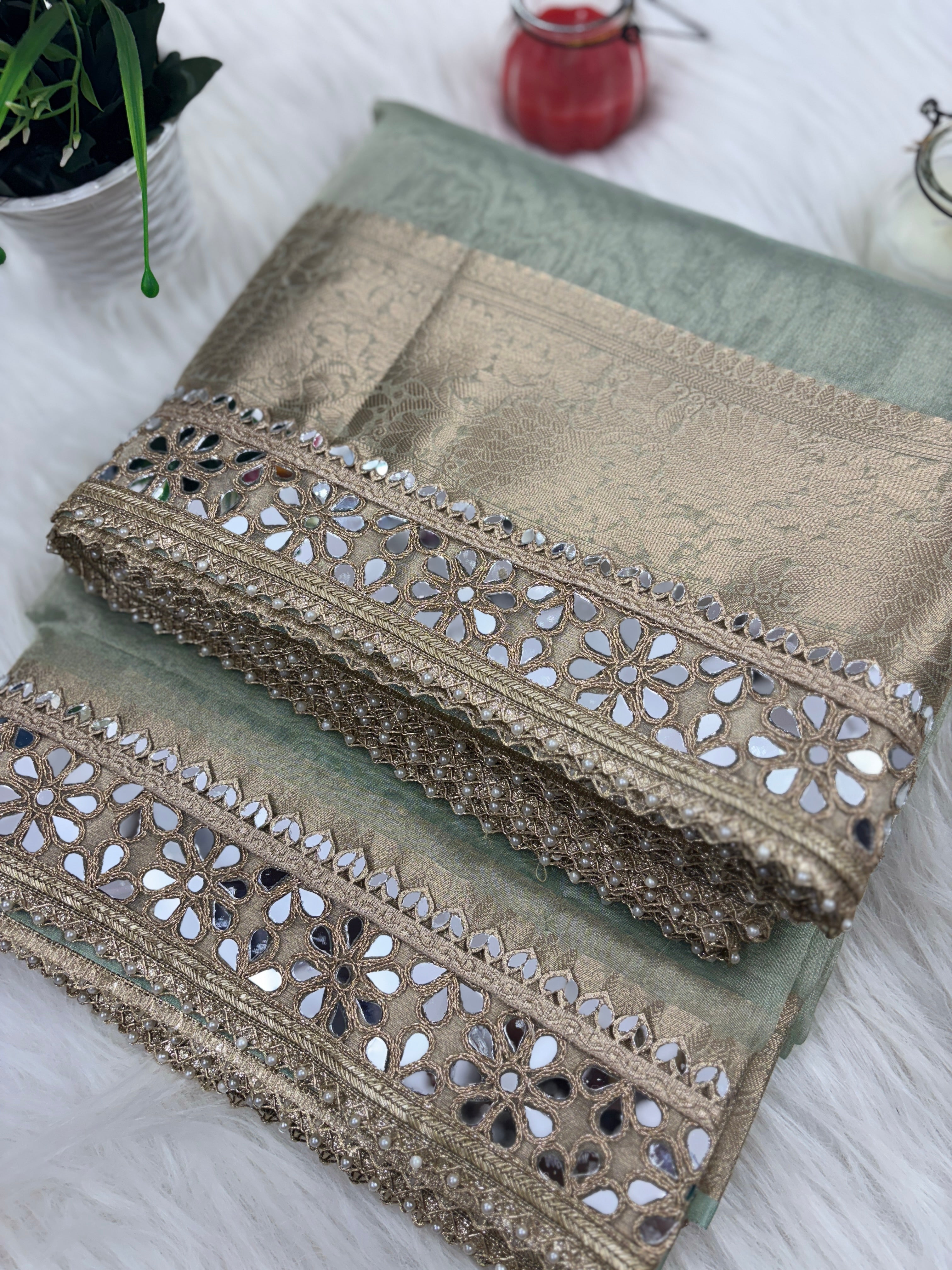 Sea Green Banarasi Rajkumari Mirror Work Tissue Silk Saree