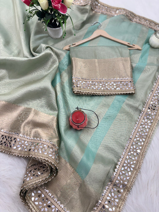 Sea Green Banarasi Rajkumari Mirror Work Tissue Silk Saree