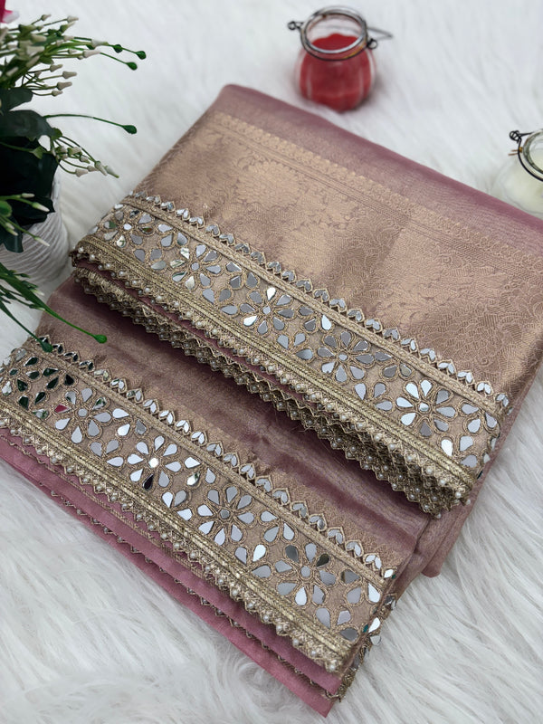 Baby Pink Banarasi Rajkumari Mirror Work Tissue Silk Saree