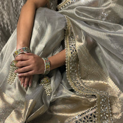 Moonlit Grey Banarasi Rajkumari Mirror Work Tissue Silk Saree