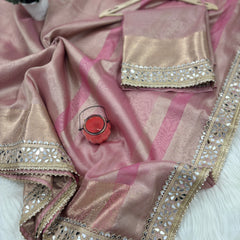 Baby Pink Banarasi Rajkumari Mirror Work Tissue Silk Saree