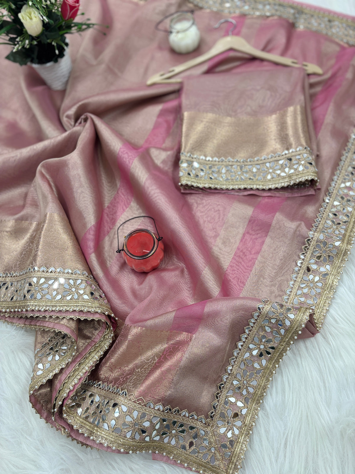 Baby Pink Banarasi Rajkumari Mirror Work Tissue Silk Saree
