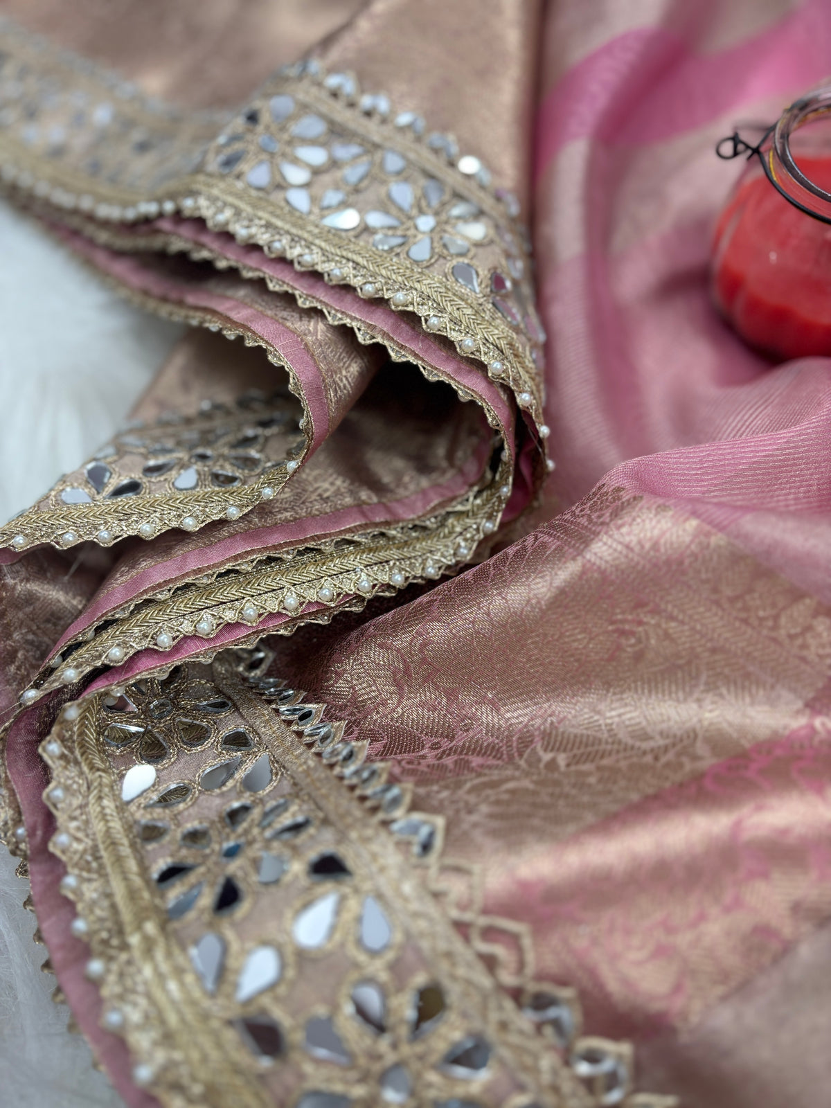 Baby Pink Banarasi Rajkumari Mirror Work Tissue Silk Saree
