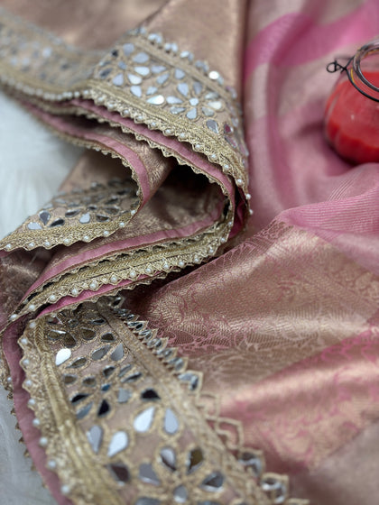 Baby Pink Banarasi Rajkumari Mirror Work Tissue Silk Saree
