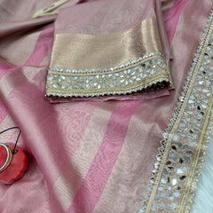 Baby Pink Banarasi Rajkumari Mirror Work Tissue Silk Saree