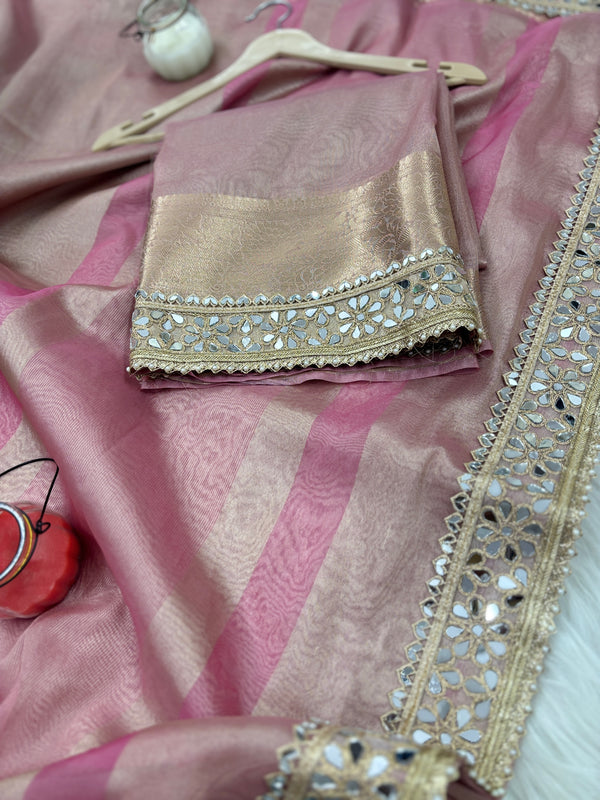 Baby Pink Banarasi Rajkumari Mirror Work Tissue Silk Saree