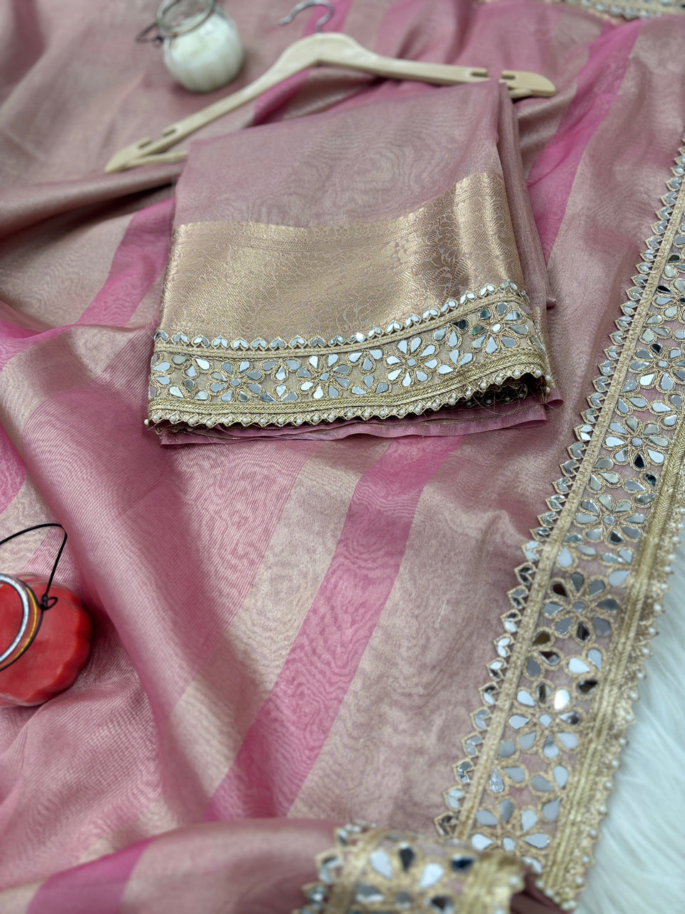 Baby Pink Banarasi Rajkumari Mirror Work Tissue Silk Saree