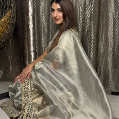 Moonlit Grey Banarasi Rajkumari Mirror Work Tissue Silk Saree