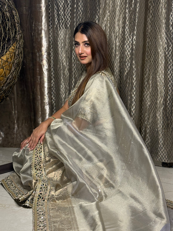 Moonlit Grey Banarasi Rajkumari Mirror Work Tissue Silk Saree